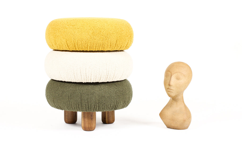 #2134— Custom Bolete Ottoman / Footstool — Turned Ash legs — Olive Bouclé