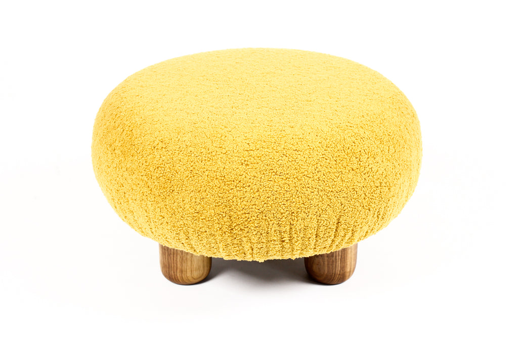 #2137 — Custom Bolete Ottoman / Footstool — Turned Walnut legs — Goldenrod Bouclé
