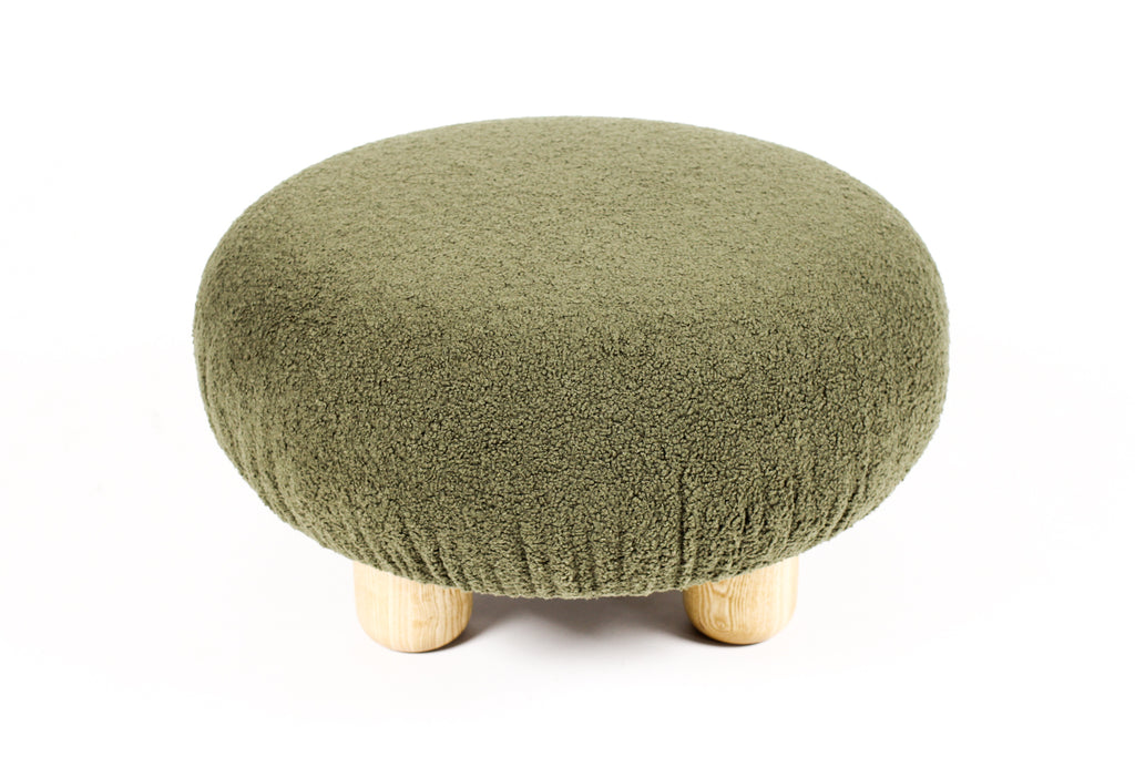 #2134— Custom Bolete Ottoman / Footstool — Turned Ash legs — Olive Bouclé