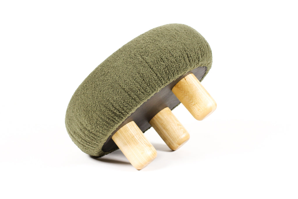 #2134— Custom Bolete Ottoman / Footstool — Turned Ash legs — Olive Bouclé