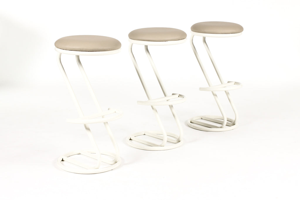 #2149 —Mid Century Vintage Modernist French Barstools — Louis Sognot — Tan Leather — Set of 3