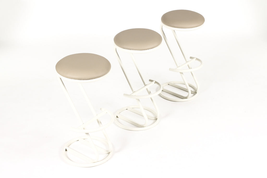 #2149 —Mid Century Vintage Modernist French Barstools — Louis Sognot — Tan Leather — Set of 3