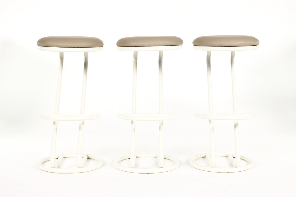 #2149 —Mid Century Vintage Modernist French Barstools — Louis Sognot — Tan Leather — Set of 3