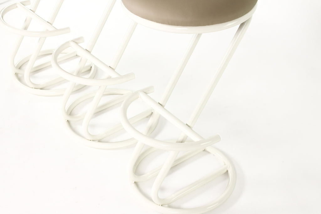 #2149 —Mid Century Vintage Modernist French Barstools — Louis Sognot — Tan Leather — Set of 3