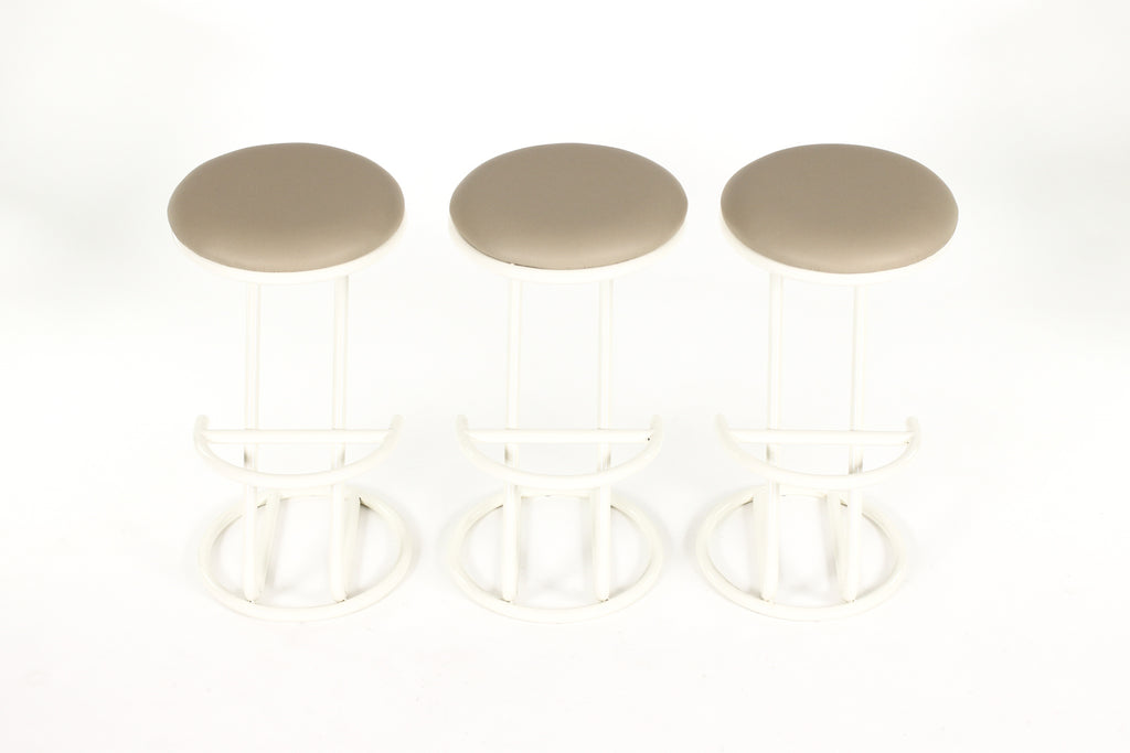 #2149 —Mid Century Vintage Modernist French Barstools — Louis Sognot — Tan Leather — Set of 3