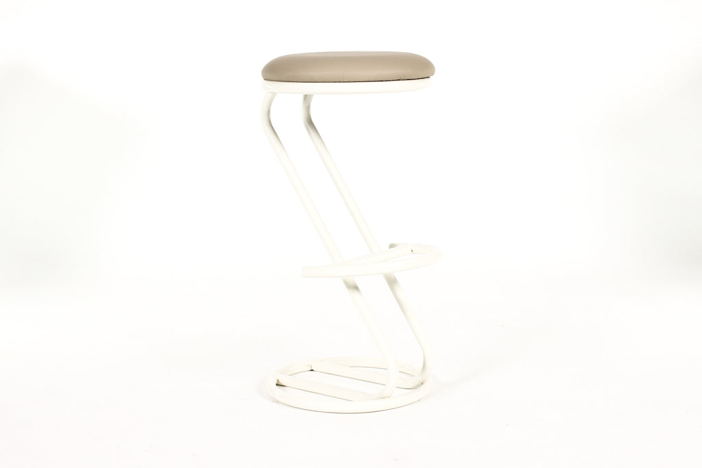 #2149 —Mid Century Vintage Modernist French Barstools — Louis Sognot — Tan Leather — Set of 3