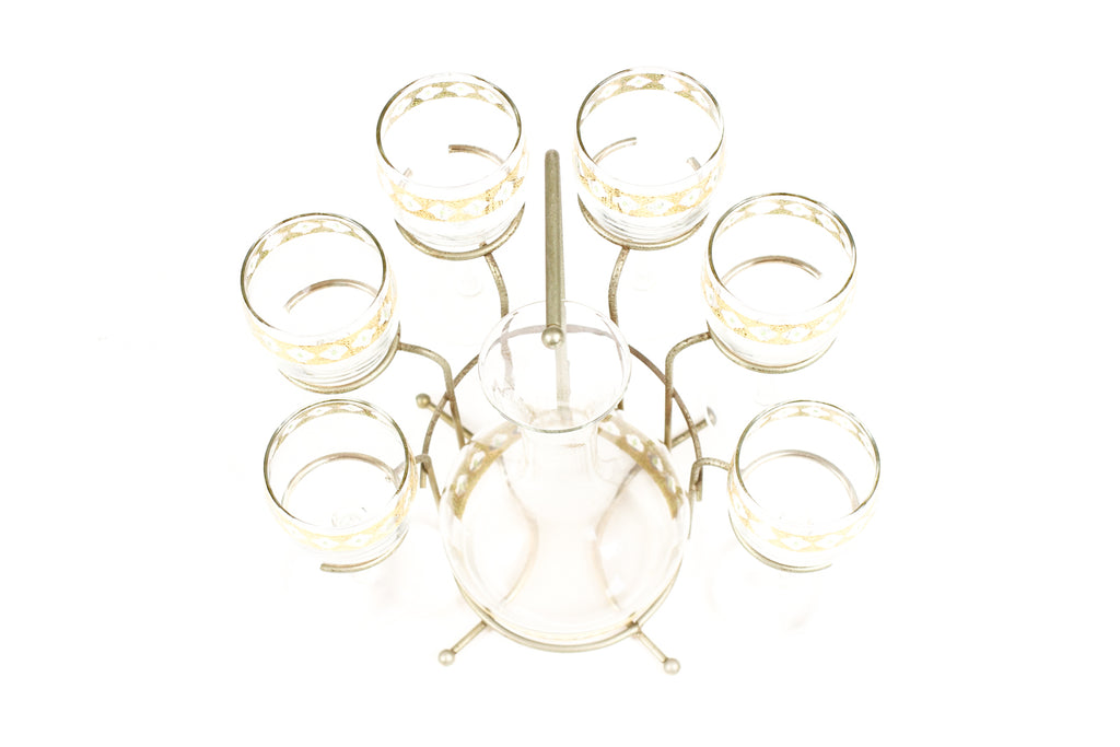 #2110 — Vintage Mid Century Wine / Cocktail Glasses + Decanter Set — Culver Valencia 22K Gold — Set of 6