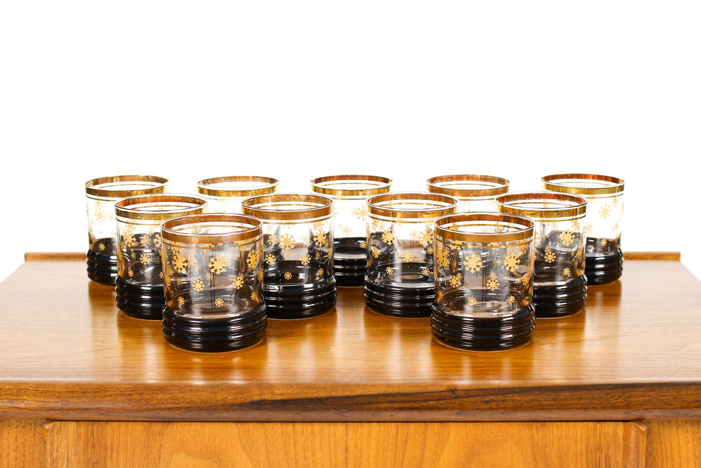 #2107 — Vintage Mid Century Sakura Sango Rocks Glasses by Sue Lipkin — Gold Snowflakes + Black Ribbed Trim — Set of 11