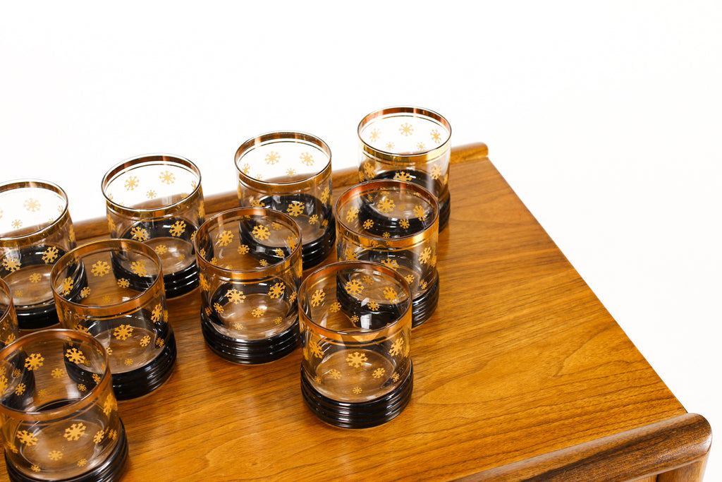 #2107 — Vintage Mid Century Sakura Sango Rocks Glasses by Sue Lipkin — Gold Snowflakes + Black Ribbed Trim — Set of 11