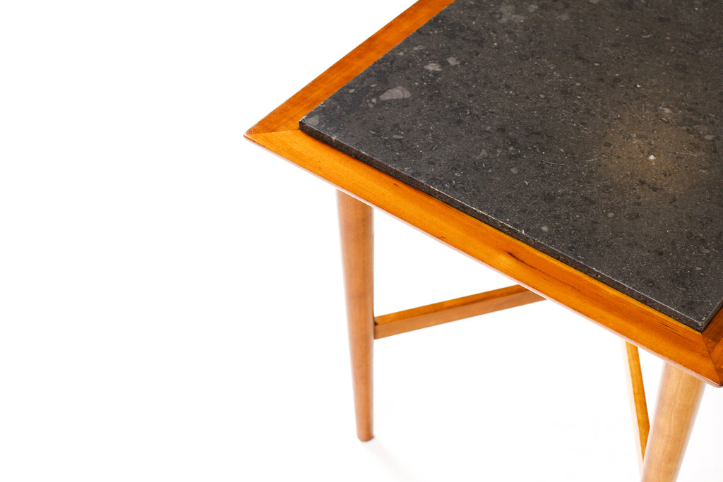 #2063 — Mid Century Vintage Side / End Tables — Fine Art Furniture Co — Cherry Frame + Slate — Pair
