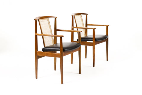 #2091 — Danish Modern / Mid Century Walnut Dallas Arm Chairs — Folke Ohlsson for Dux — Black Leather + Cane — Pair