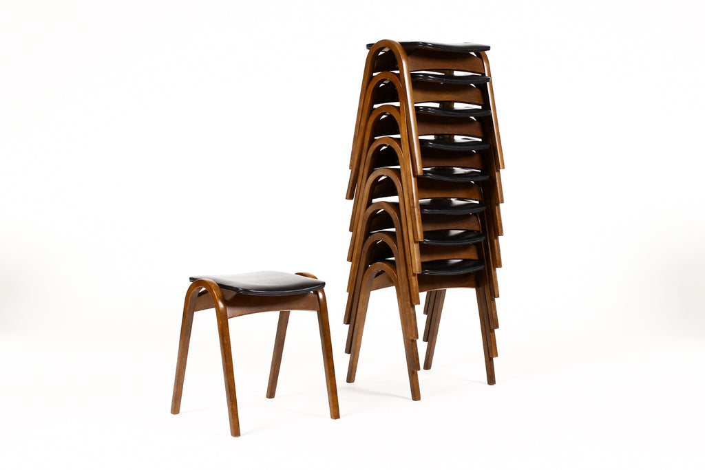 #2078 — Mid Century Vintage Stacking Bentwood Stool — Isamu Kenmochi for Akita Mokko — Black vinyl