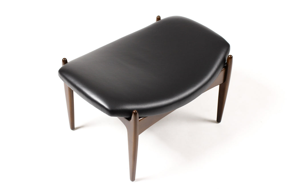 #1900 — Danish Modern / Mid Century Mahogany Ottoman / Foot stool — Kofod Larsen for Selig — Black Leather