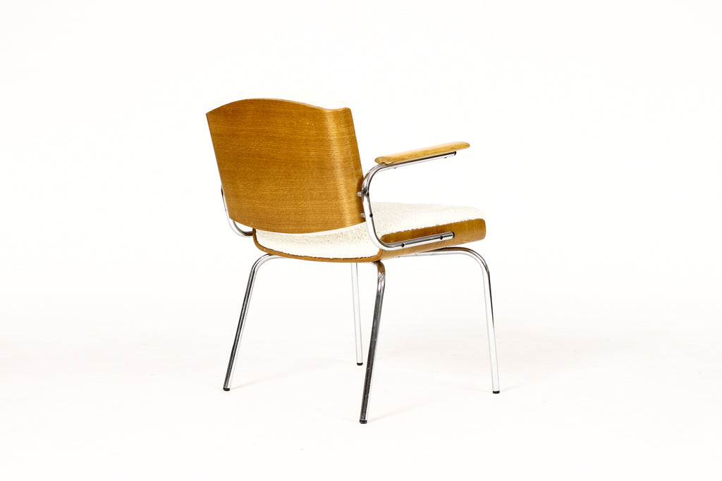 #1907 — Danish Modern / Mid Century Arm Chairs — Duba Møbelindustri —  Chrome + Oak + Natural Bouclé
