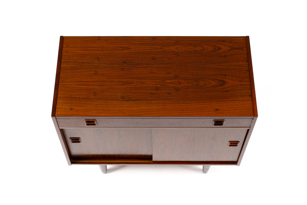 #2013 — Danish Modern / Mid Century Compact Rosewood Credenza / Sideboard — Sliding Doors + Shallow Drawer