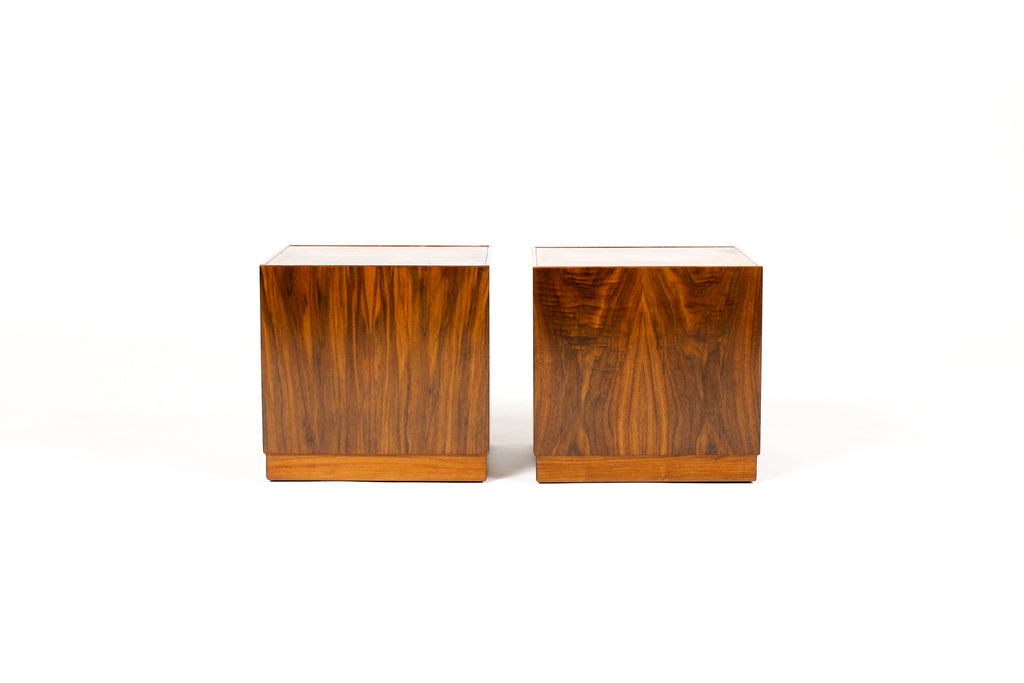 #1977 — Mid Century Vintage Walnut Square Cube Pedestal End Tables — Milo Baughman Attributed — Pair