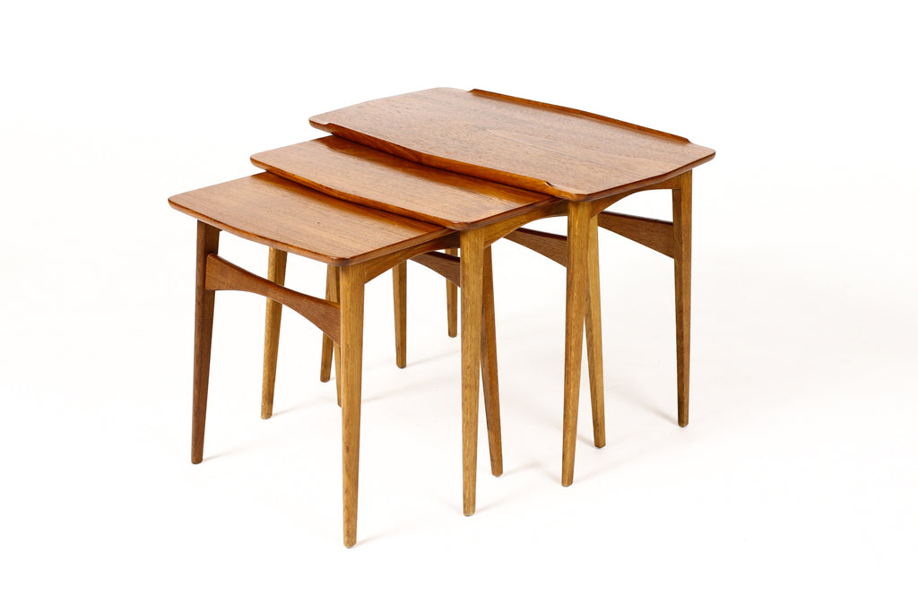 #1880 — Danish Modern / Mid Century Vintage Teak + Oak Nesting Tables — Set of Three — Svend Aage Madsen