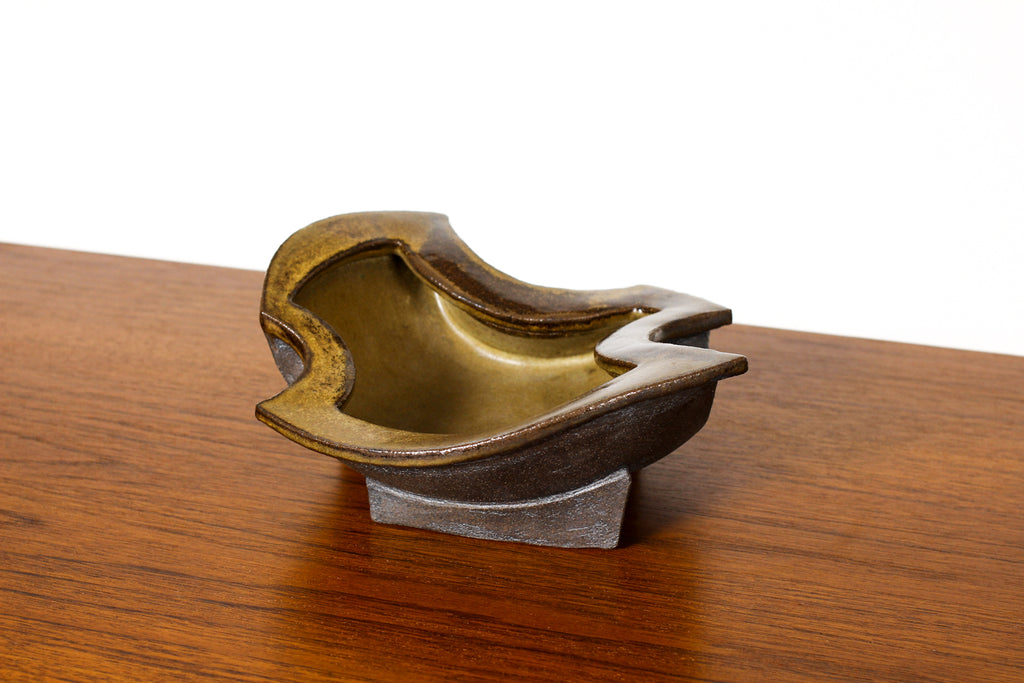 #1845 — Modernist Hand-Built Stoneware Sculptural Footed Bowl — Matte Black Glaze — JR6