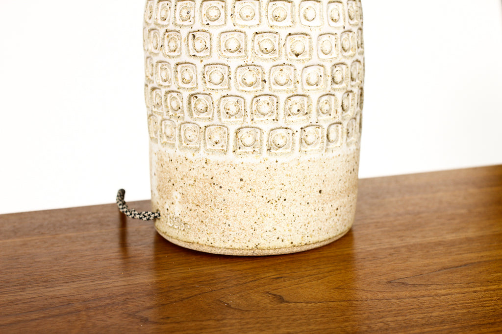 #1963 - Ceramic Stoneware Studio Pottery Table Lamp - Square Dot Pattern — White Glaze — L34