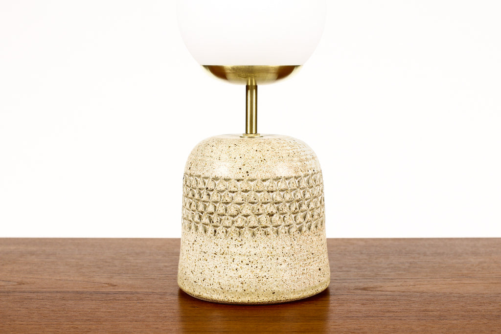 #2039 - Ceramic Stoneware Studio Pottery Table Lamp — Globe shade — Small Delta Pattern — White Glaze — L38