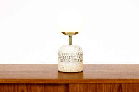 #2040 - Ceramic Stoneware Studio Pottery Table Lamp — Globe shade — Large Facet Pattern — White Glaze — L39