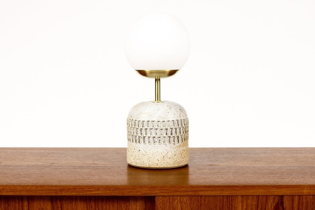 #2040 - Ceramic Stoneware Studio Pottery Table Lamp — Globe shade — Large Facet Pattern — White Glaze — L39