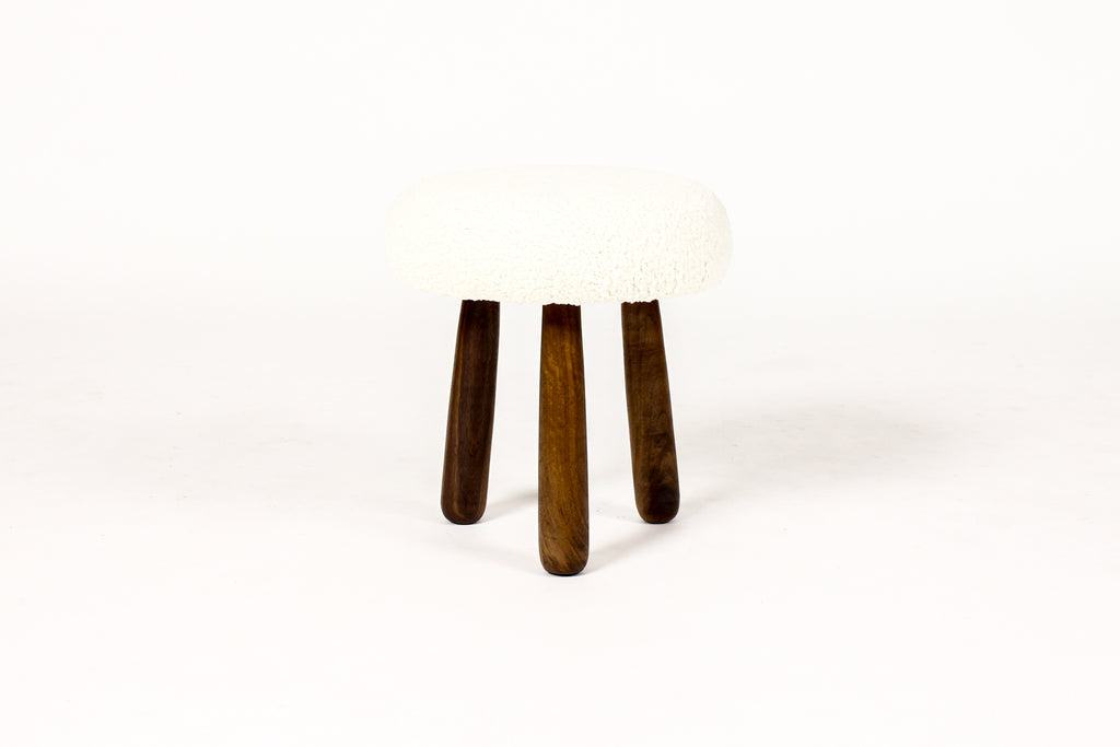 #1994 — Custom Awassi Tripod Ottoman / Footstool — Turned Walnut legs — Pearl Bouclé