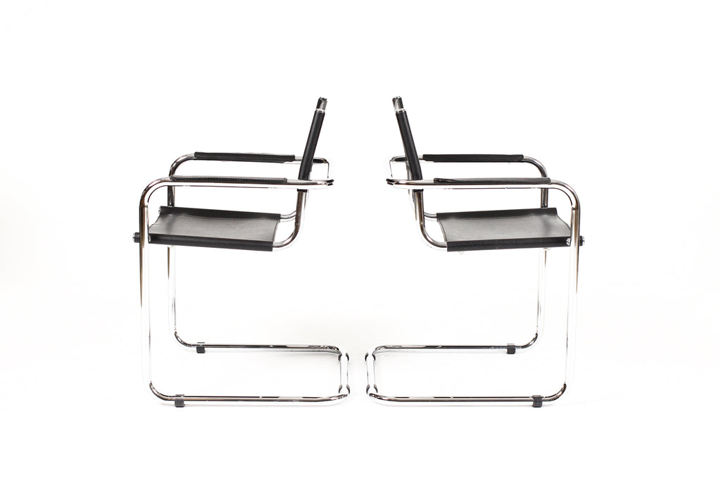 #2090 — Vintage Mid Century Tubular Chrome Bauhaus Mart Stam Cantilever Chair— Black Leather — Pair