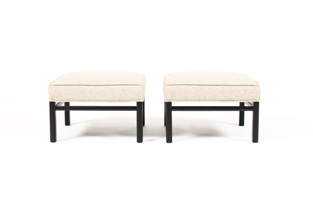 #2079—Mid Century Vintage Low Square Ottoman / Footstool — Neutral Textile — Black Lacquer — Pair