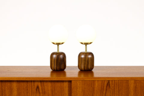 #2041 - Studio Craft Walnut Table Lamps — Lathe Turned with Glass Globe + Brass — Pair — TL9