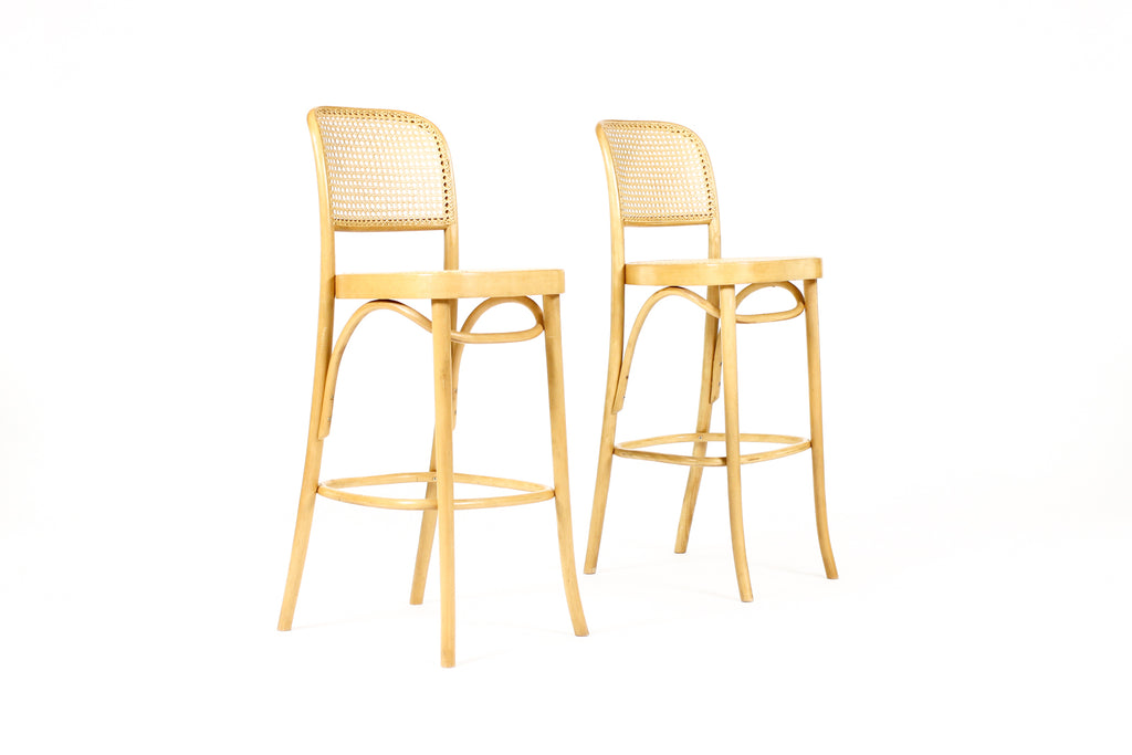 #2074 — Mid Century Vintage Thonet Prague #811 Bar stools — Bentwood + Cane — Pair