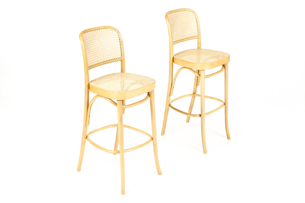 #2074 — Mid Century Vintage Thonet Prague #811 Bar stools — Bentwood + Cane — Pair