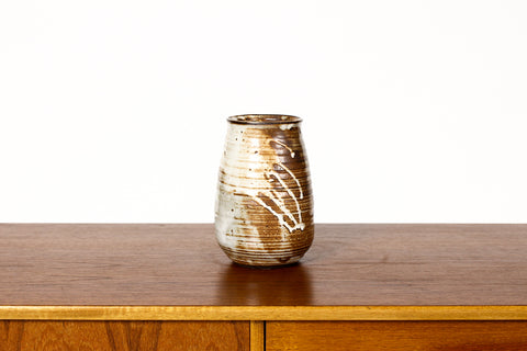 #1850 —  Vintage 70s Mid Century Stoneware Studio Pottery Vase - Rusty / White Drippy Glaze