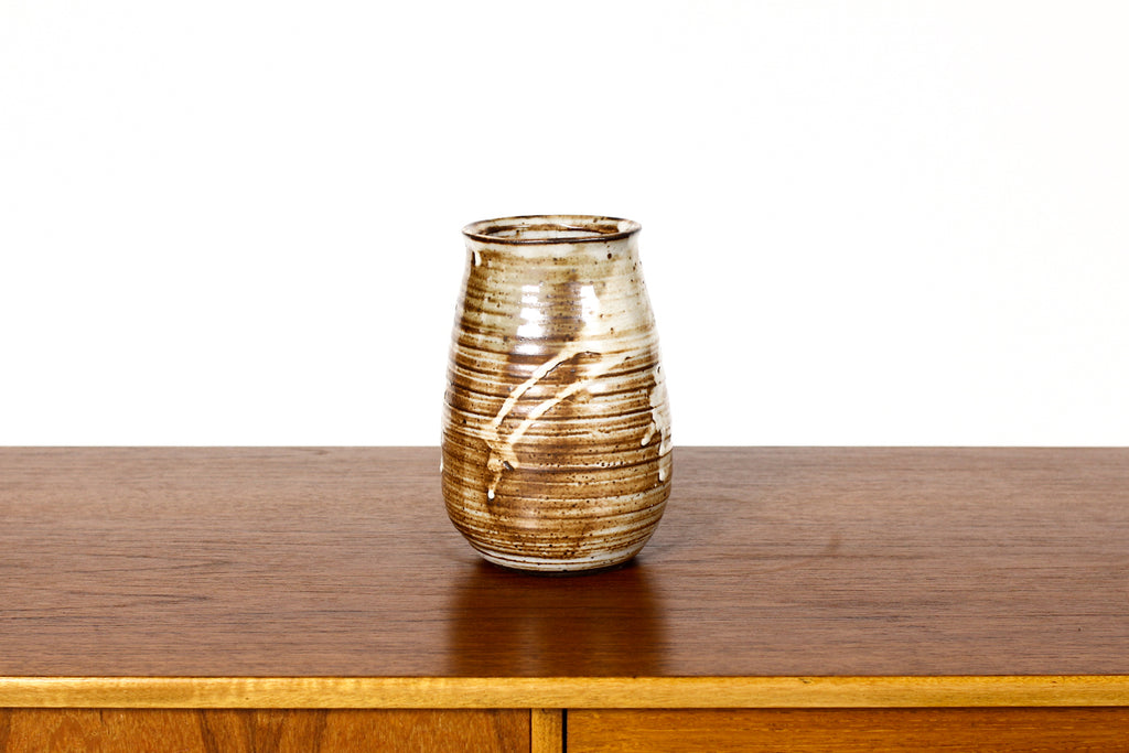 #1850 —  Vintage 70s Mid Century Stoneware Studio Pottery Vase - Rusty / White Drippy Glaze