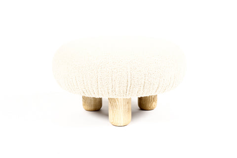 #2132— Custom Bolete Ottoman / Footstool — Turned Ash legs — Stone Bouclé