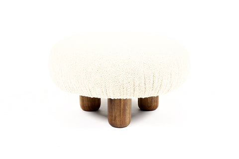 #2133 — Custom Bolete Ottoman / Footstool — Turned Walnut legs — Stone Bouclé