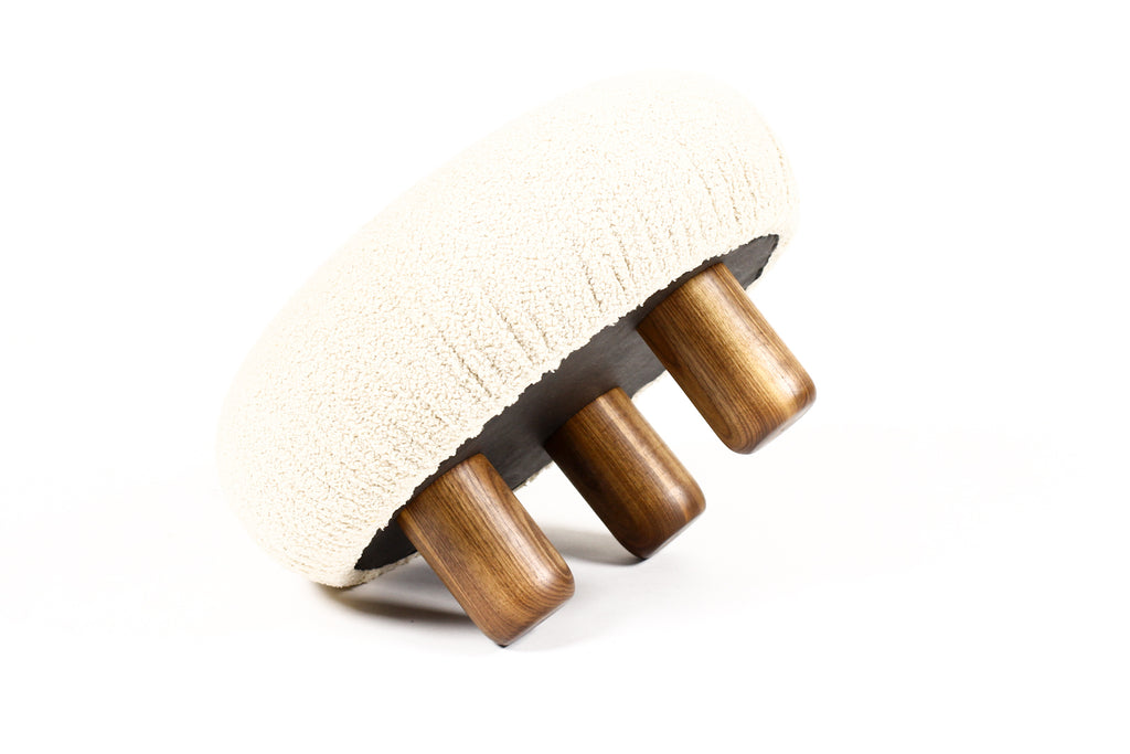 #2133 — Custom Bolete Ottoman / Footstool — Turned Walnut legs — Stone Bouclé
