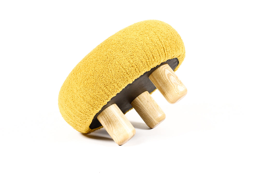 #2136— Custom Bolete Ottoman / Footstool — Turned Ash legs — Goldenrod Bouclé