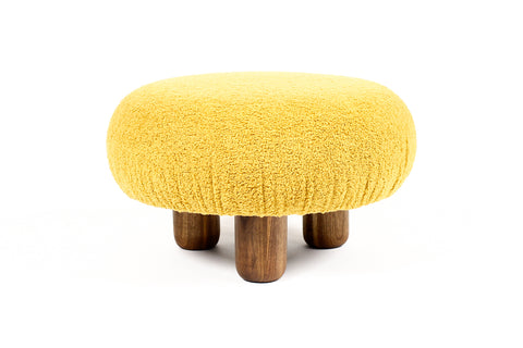 #2137 — Custom Bolete Ottoman / Footstool — Turned Walnut legs — Goldenrod Bouclé