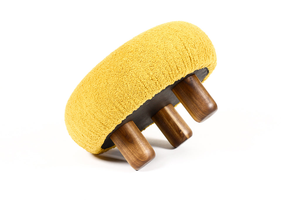 #2137 — Custom Bolete Ottoman / Footstool — Turned Walnut legs — Goldenrod Bouclé