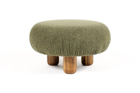 #2135 — Custom Bolete Ottoman / Footstool — Turned Walnut legs — Olive Bouclé