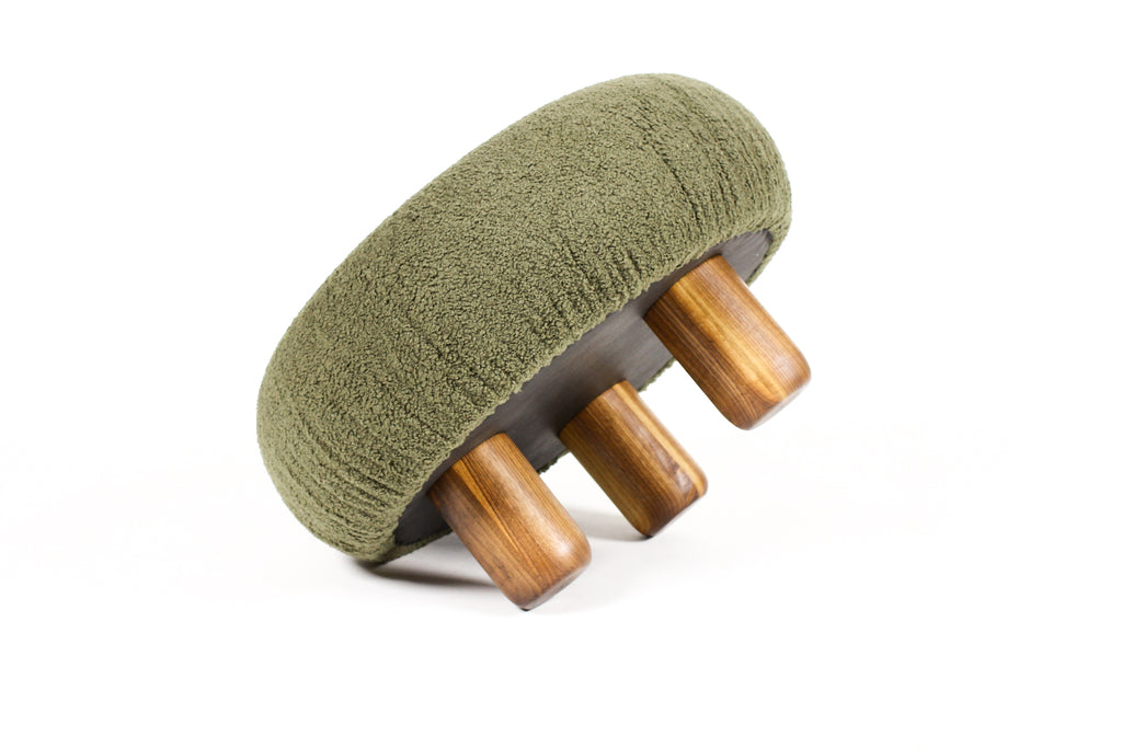 #2135 — Custom Bolete Ottoman / Footstool — Turned Walnut legs — Olive Bouclé