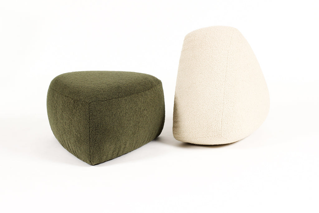 #2138 — Custom Morro Triangular Ottoman / Footstool — Stone Bouclé — White Oak