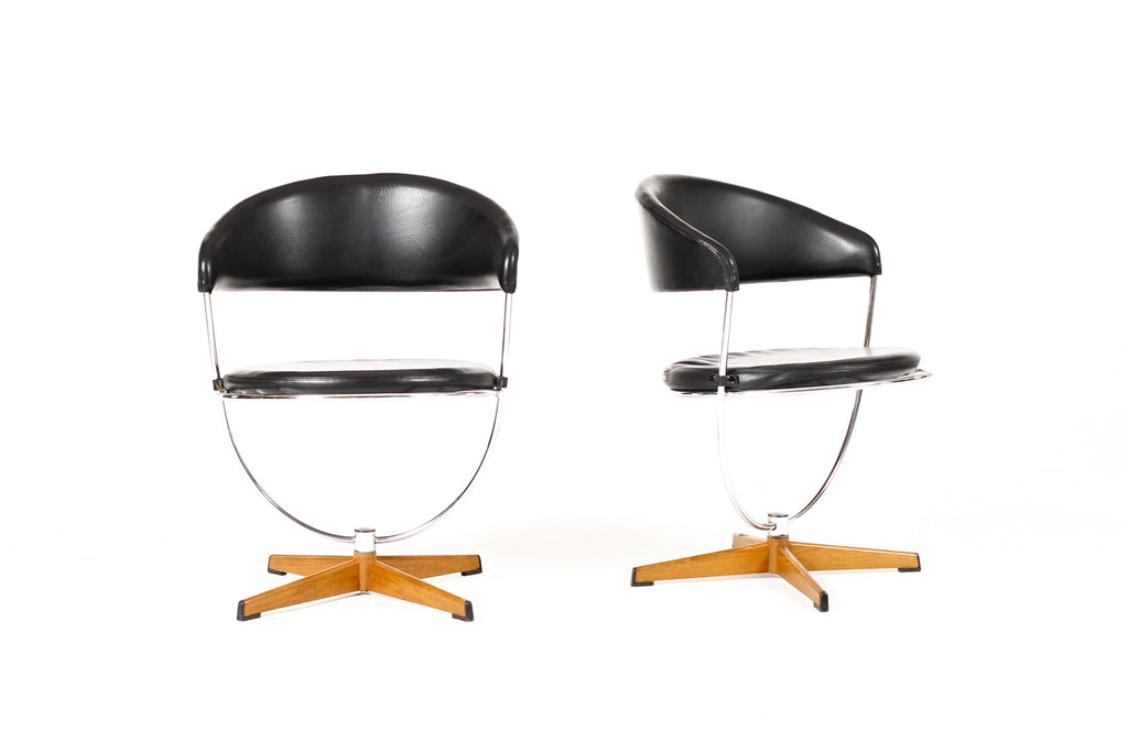 #2253 — Vintage Mid Century Scandinavian Swivel Chairs — Arne Dahlén for Dahléns Dalum  — Chrome + Black Vinyl — Pair