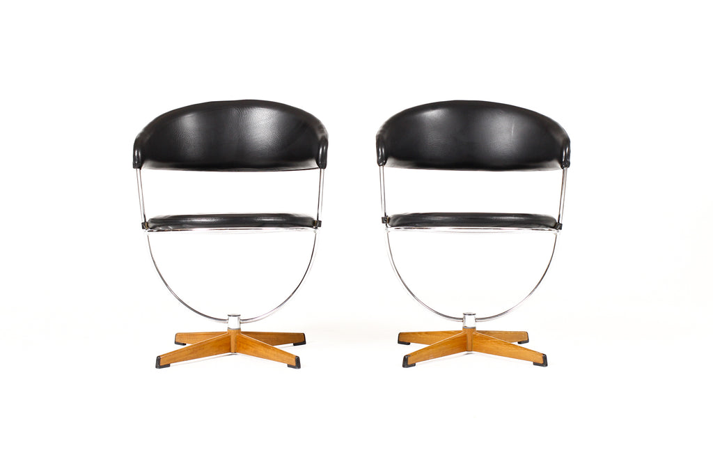 #2253 — Vintage Mid Century Scandinavian Swivel Chairs — Arne Dahlén for Dahléns Dalum  — Chrome + Black Vinyl — Pair