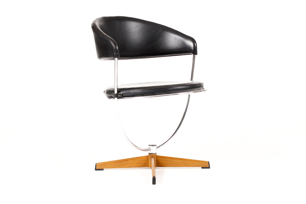 #2253 — Vintage Mid Century Scandinavian Swivel Chairs — Arne Dahlén for Dahléns Dalum  — Chrome + Black Vinyl — Pair