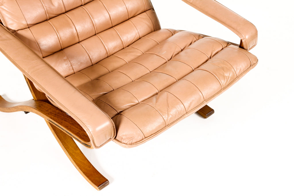 #2260 — Danish Modern / Mid Century Teak Flex Lounge Chair + Ottoman — Blush Tan Leather— Ingmar Relling for Westnofa