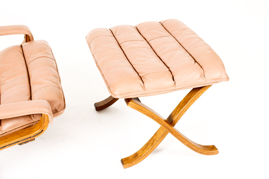 #2260 — Danish Modern / Mid Century Teak Flex Lounge Chair + Ottoman — Blush Tan Leather— Ingmar Relling for Westnofa