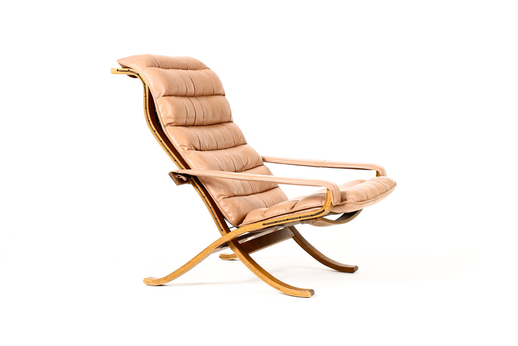 #2260 — Danish Modern / Mid Century Teak Flex Lounge Chair + Ottoman — Blush Tan Leather— Ingmar Relling for Westnofa
