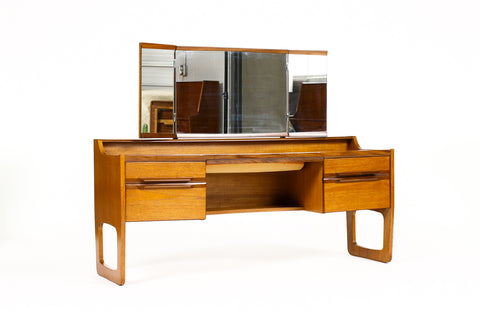 #2128 – Danish Modern / Mid Century Low Teak Vanity / Dressing Table — Meredew — Adjustable Mirror 
